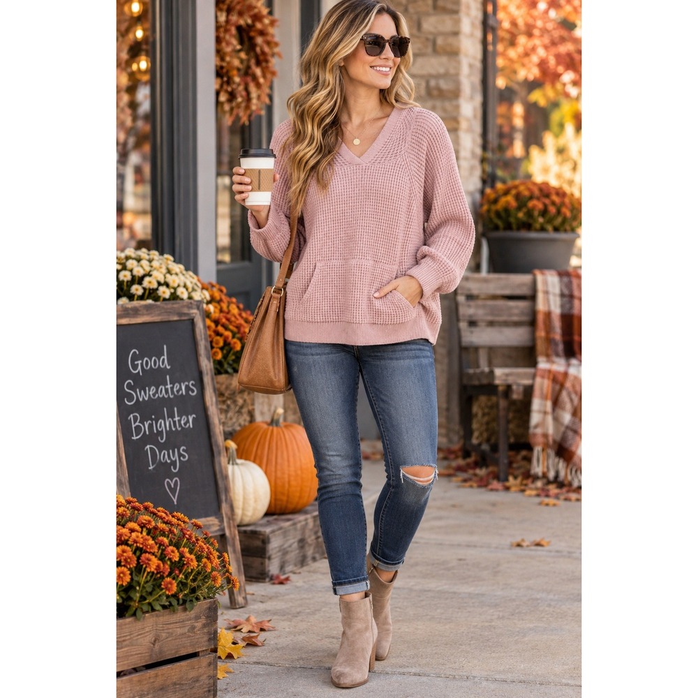 Women's 2XL Blush Pink Waffle Knit Hoodie Sweater Oversized Cozy Fall Pullover
